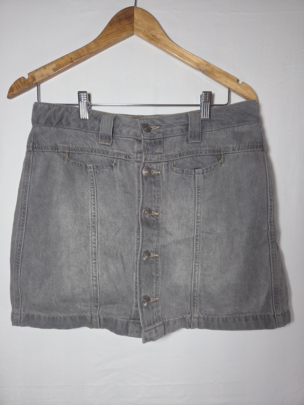 Free People Grey Button-Front Denim Mini Skirt
